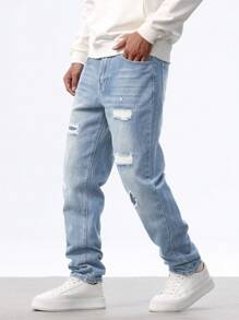 Manfinity Homme Jeans casual da uomo lavati e strappati, vestibilità affusolata, jeans da uomo casual da strada