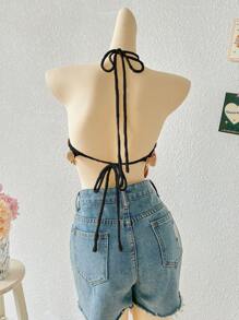 SHEIN Unity Sexy Versatile Vacation Style Beaded Halter Neck Knit Top - Black - View 2