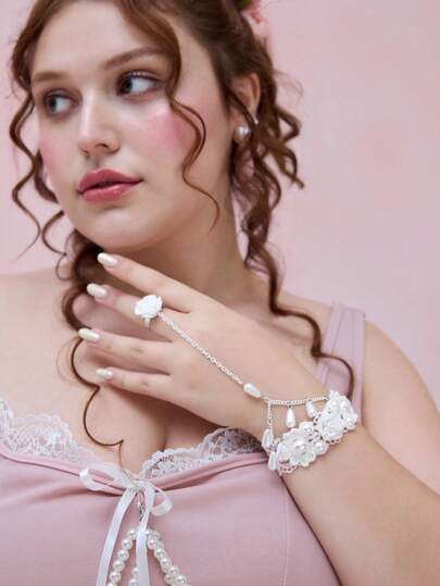 Kawaii 1pc Lovely Rococo Design Rose & Pearl Pendant Bracelet, High-Quality Flower Pattern Lace Bracelet Ring Set, Handmade Adjustable Braided Strap