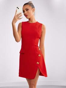 Lavishia Women Sleeveless Round Neck Red Metallic Bow Decor Elegant Work Commute Daily Mini Dress, Spring/Summer - Red - View 4
