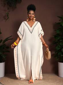 Veslaya 2025 Spring/Summer New Arrival African Print Relaxed-Fit Robe, Elegant Loose Kaftan Linen Robe, Plus Size - Multicolor - View 1