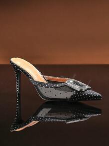 SHUZIA Ladies Polka Dot Stiletto Mule Pump With Rhinestones Brooch Mother's Day Present - Black - View 5