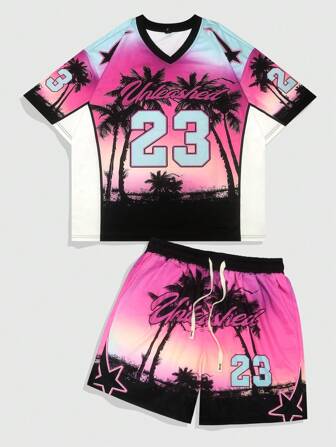 Prep Ensemble de sport homme avec t-shirt à manches courtes imprimé chiffres et palmiers et short