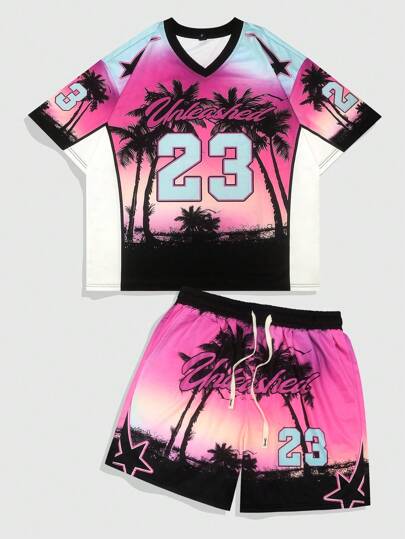 Prep Herren Set mit Nummern- und Palmen-Muster Kurzarm T-Shirt und Shorts, Sportanzug