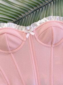 Soleia Women's Pink Textured Knit Jacquard Ruffle Trim Bustier Corset Top, Vacation Style