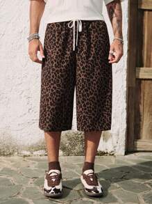 ROMWE MEN Street Life Pantalones cortos anchos de 3/4 de longitud para hombre con cintura con cordón y bolsillo, estampado de leopardo