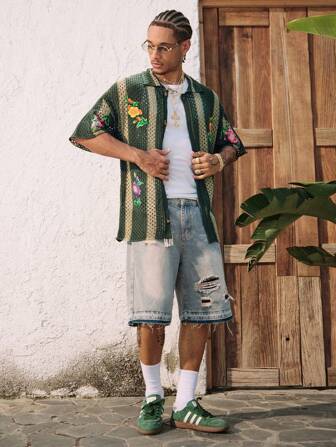 Street Life Herren-Strickoberteil mit Blumenmuster und Hohlsaum, einreihig, lässig