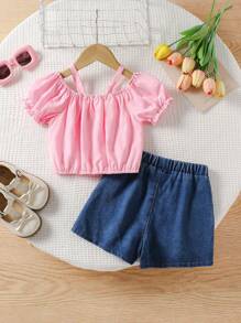 2pcs/Set Girls Adorable Doll Ruffle Ruffle Short Sleeve Top & Embroidered Bowknot Denim Shorts, Casual Fashion Outfit Suitable For Party - Multicolor - View 2