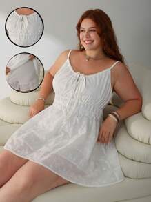 SHEIN EZwear Plus Size White Pleated Embroidery Strap Jumpsuit - White - View 2