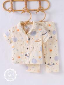 2 pezzi Set per bebè/bambini piccoli con motivo galassia, composto da cardigan a maniche corte e pantaloni, abbigliamento comodo da casa