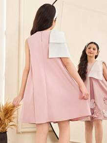 SHEIN Tween Girls' Loose Elegant Round Neck Sleeveless Floral Applique Bowknot Dress - Pink - View 2