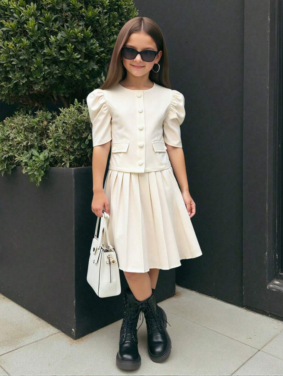 SHEIN Nova Glow Tween 女童休闲通勤圆领短袖上衣和百褶裙两件套 - 白色 - 查看 1