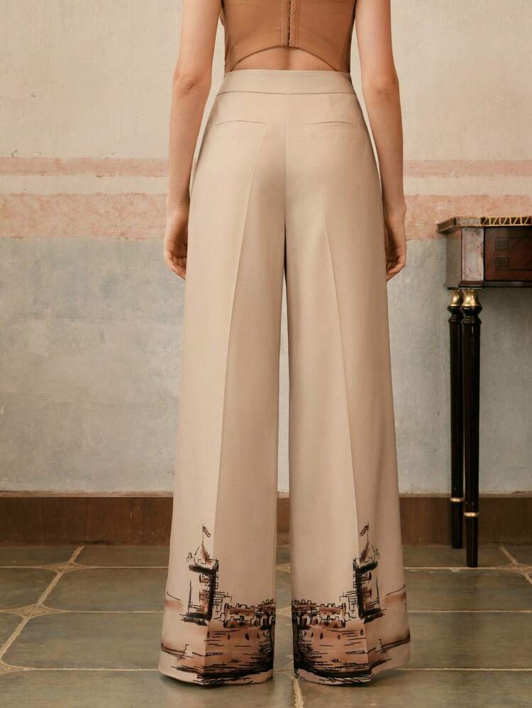 Anewsta Elaire Linen Retro Castle Print Wide Leg Loose Pants, Casual Trousers For Spring Summer Festival Graduation