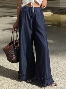 DAZY Quần Jeans Ống Rộng Phong Cách Phương Tây Cho Nữ, Viền Hoa Màu Trơn, Cạp chun, Quần Mùa Hè Thường Ngày - Màu xanh lam - Xem 6