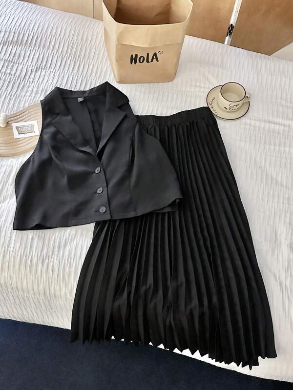Comfortcana 2pcs/Set Plus Size Blazer Vest Top + Black Pleated Skirt Suit, Suitable For Spring & Summer