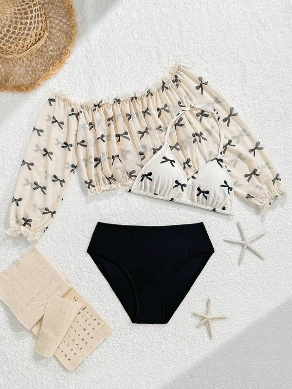 Tween Girl Cute Bow Print 3 Pieces Bikini Swimsuit  And Cover-Up