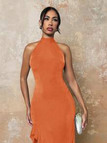 SHEIN PETITE Women Elegant Halter Tie Neck Sexy Open Back High Slit Ruffle Hem Stretchy Bodycon Dress Women Summer Clothing Women Casual Dress - Burnt Orange - View 3