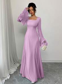 Rafferiza Blue Square Neck Layered Ruffle Sleeve Flare Hem Long Dress For Women Fall Cloth For Women