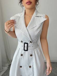 Elenzga Abito estivo da donna elegante con colletto a camicia, decorato con bottoni e cintura, a righe senza maniche