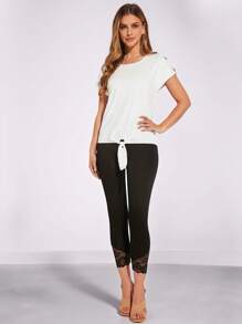 Amorya Contrast Lace Leggings Fall/Winter Women Clothes Back To School Modest Vintage Old Money Teacher Outfits For Women Airport Summer Outfit For Women - Black - View 3