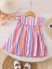 Baby Girls' Floral Pattern Colorful Striped A-Line Casual Dress, Comfortable For Daily Wear, Vacation & Play - Multicolor - View 2