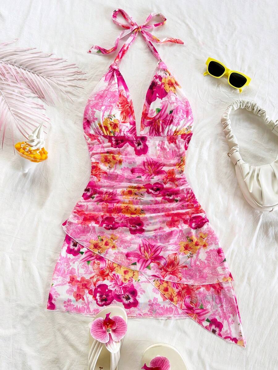 Soleia WYWH Women's Vacation Romantic Casual Pink Floral & Landscape Graphic Print Halter Neck Backless Bowknot Asymmetrical Hem Hem Dress, Party, Date, Valentine's Day, Beach, Cruise, Afternoon Tea Woman S Summer Clothes Women Summer Clothing Women Short Dresses Summer Women S Clothes Women Summer Sets - Pink - View 1