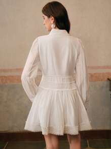 Anewsta Women's Puff Sleeve Waist Ruffle Trimmed Short Shirt Dress