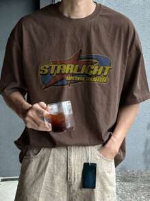 DAZY 男士星星字母印花落肩夏季T恤，图案T恤 - 棕色 - 查看 4