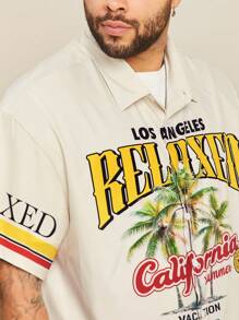 EASEVO Plus Size Men's Casual Woven Tropical Leaf & Letter Print Shirt, Suitable For Summer - Khaki - View 4