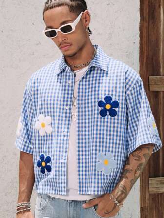 Street Life Men's Simple Floral Plaid Fashion Shirt, Suitable For Summer Vacation