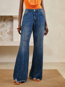 Arave Women's Casual Flared Hem Pocket Trim Denim Jeans