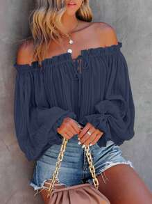SHEIN VCAY Women's Vacation Solid Color Frill Off-Shoulder Long Sleeve Loose Top - Navy Blue - View 7