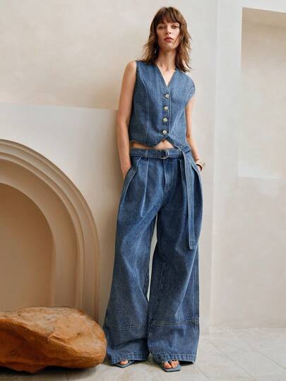 Arave 女式V领单排扣休闲牛仔背心