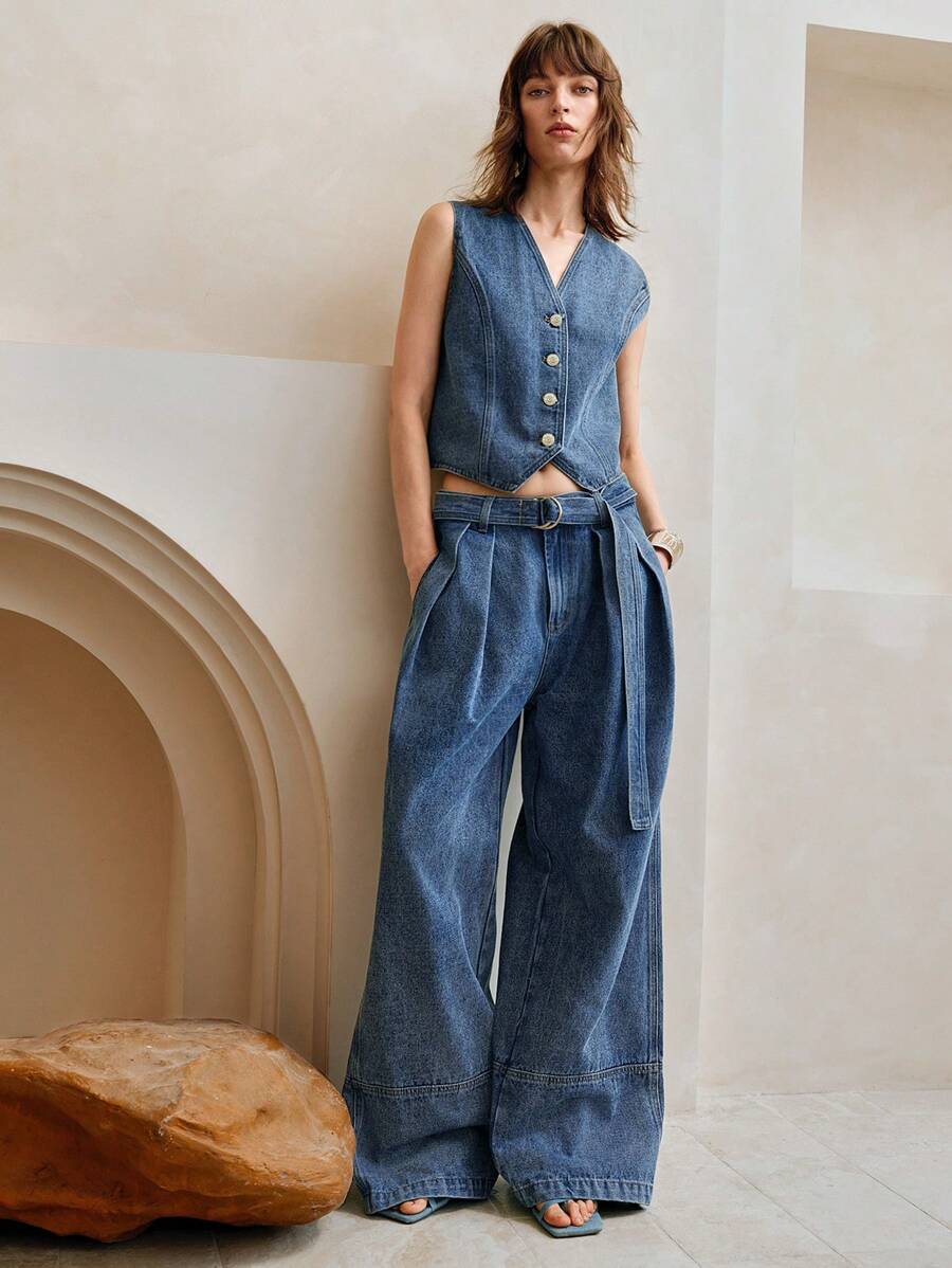 Arave 女式V领单排扣休闲牛仔背心 - 藍色 - 查看 1