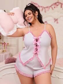 Heart & Bow Sweet Girl Sleepwear Set, Plus Size, INS Style - Pink - View 1