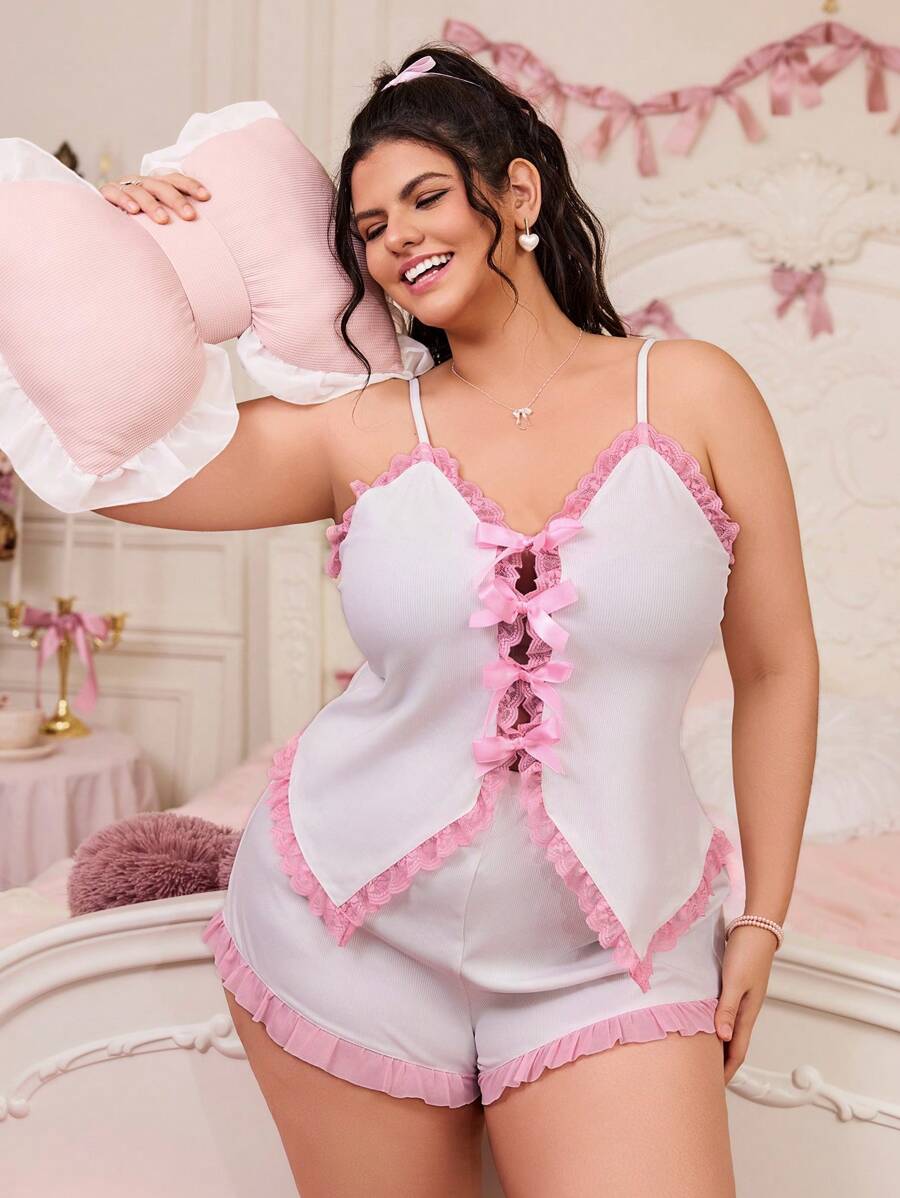 Heart & Bow Sweet Girl Sleepwear Set, Plus Size, INS Style - Pink - View 1