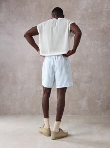 SUMWON Shorts de lujo con rayas de resort, estampado de Santorini con patrón mediterráneo, traje de baño de estilo náutico para vacaciones de verano en la playa y la piscina, con cordón ajustable