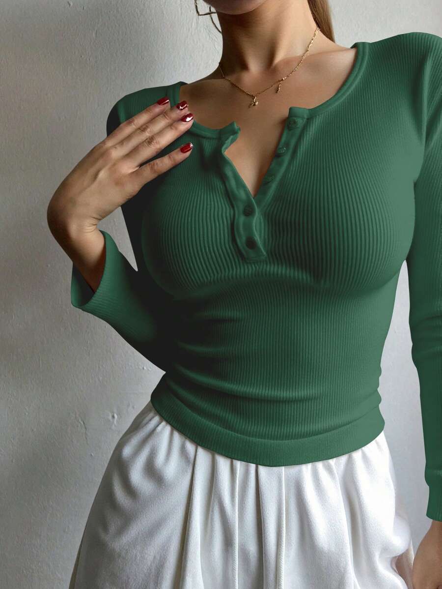 DAZY Damen Einfarbiges Knopfverschluss Figurbetontes Langarm T-Shirt, Herbst, Damenbekleidung mit Fleece-Futter