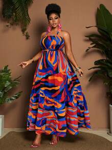 Maweii Plus Size Women A-Line Holiday Print Dress Sleeveless - Multicolor - View 5