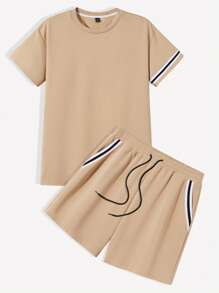 Manfinity Homme Plus Size Men's Summer Casual Contrast Stripe T-Shirt And Shorts Set - Khaki - View 3
