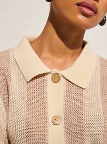 COSMINA Women Striped Print Button Front Casual Short Sleeve Sweater,Knitted Sweater - Multicolor - View 2