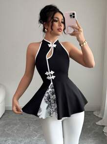 Elenzga 春夏法式黑白拼接优雅通勤中式纽扣收腰修身喇叭下摆设计无袖镂空立领上衣