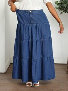 SHEIN Lady 大码牛仔长裙，休闲修身长喇叭裙，蓝色女式夏季服装牛仔裙度假服装女式牛仔裙牛仔裙夏季下装牛仔裙女式裙子长裙长裙长裙中长裙荷叶边裙女式裙子 - 中等水洗藍 - 查看 7