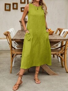 SHEIN Holidaya Váy suông không tay đơn giản cho nữ, mùa hè - màu xanh lá - Xem 5