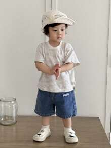 SHEIN Pantalones cortos de mezclilla casuales para bebé niño con parche - Azul lavado medio - Ver 3