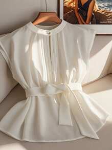 SHEIN PETITE 女士独特设计美学衬衫，夏季 - 白色 - 查看 1