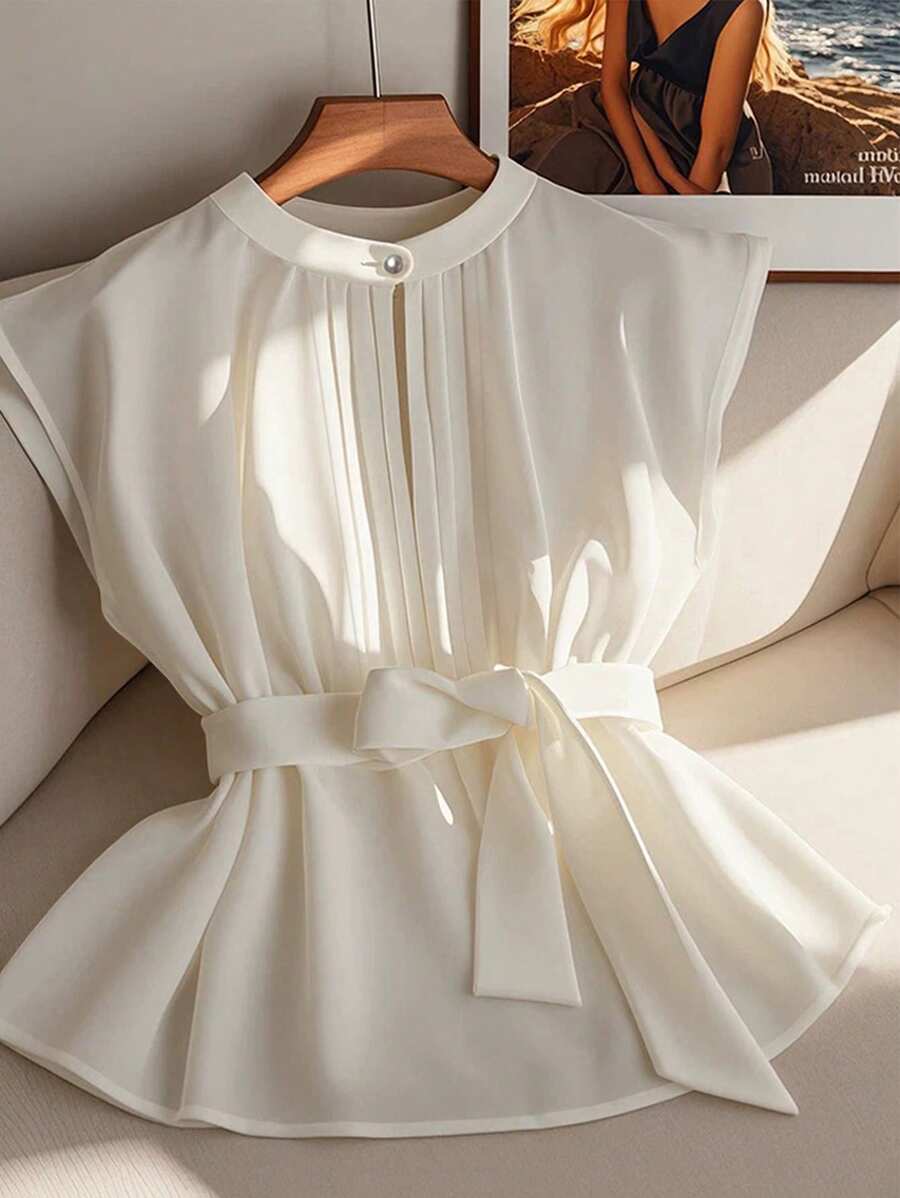 SHEIN PETITE 女士独特设计美学衬衫，夏季 - 白色 - 查看 1