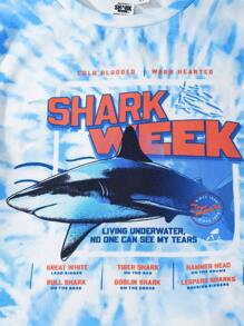 Shark Week X SHEIN Young Boy Shark Print Tie-Dye Blue Short Sleeve T-Shirt & Black Shorts Sports Casual 2 Pieces Set - Blue - View 5