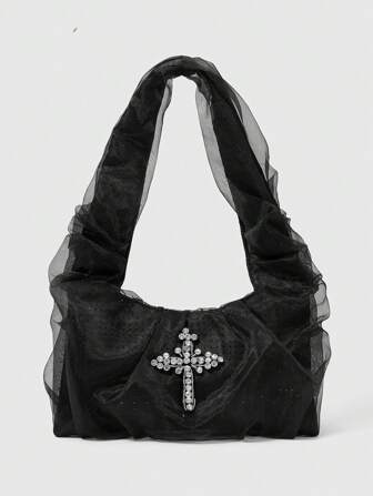 Goth Bolso con hombrera arrugada y decorado con rhinestones para mujer