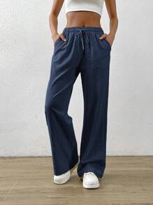SHEIN PETITE CURVE Plus Size Solid Color Fashion Pants, Suitable For Summer,Summer Pants